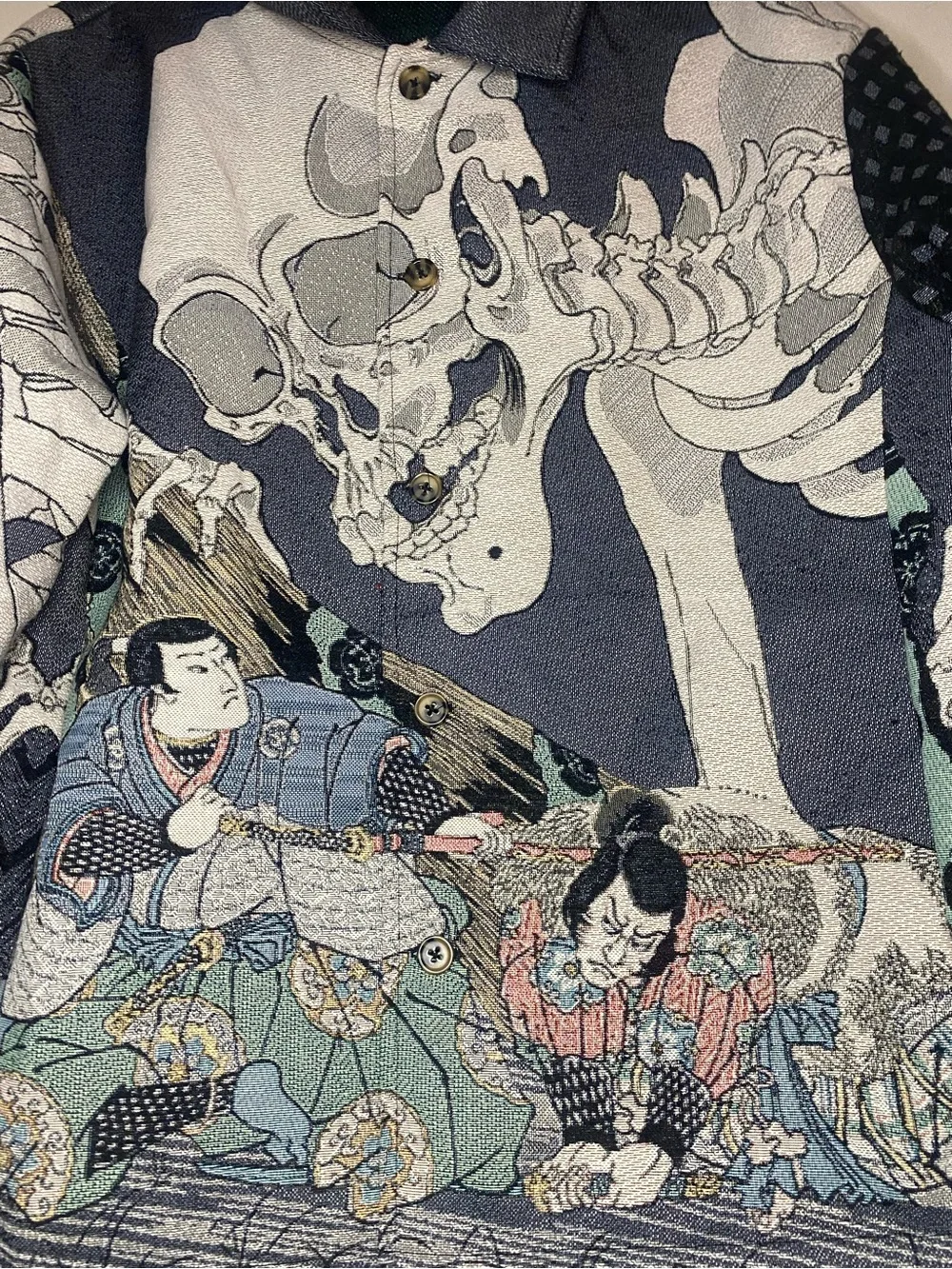 rebels Teal and Gray Skeleton Asian inspired Graphic Zip Jacket